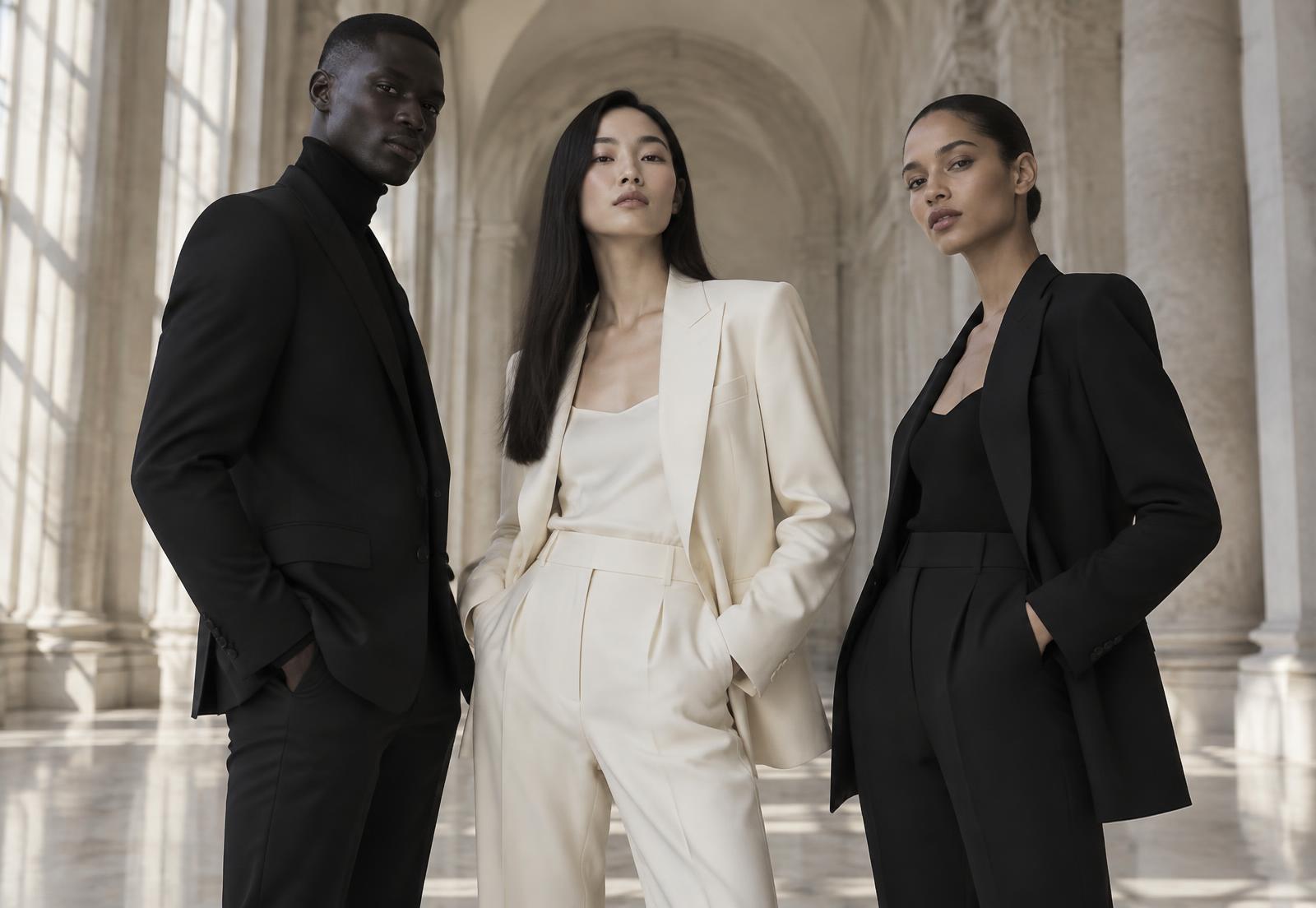 Diverse cast in black and ivory F3000 tailoring